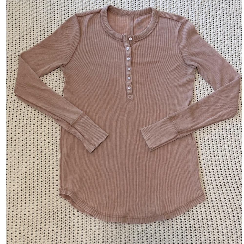 Aerie Real Soft Ribbed Henley Top Lt Brown Long Sleeve Small Cozy Lounge Basics